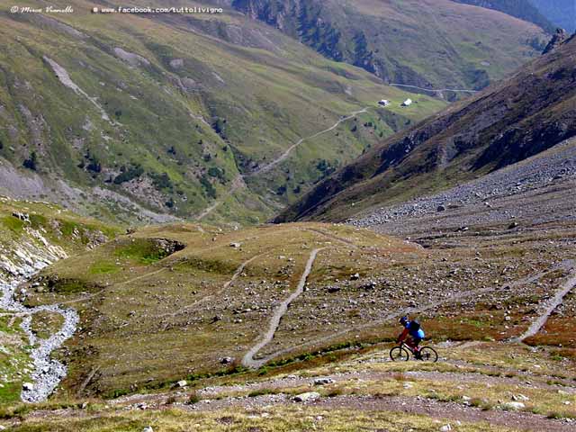 un biker scende dai tornanti in Valle del Monte - Livigno Valle del Monte - tornanti